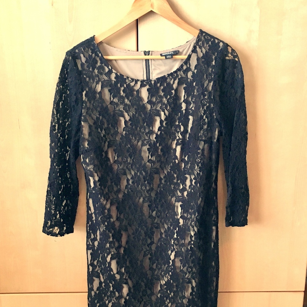 DKNY Black Lace Overlay 3/4 Sleeve Dress